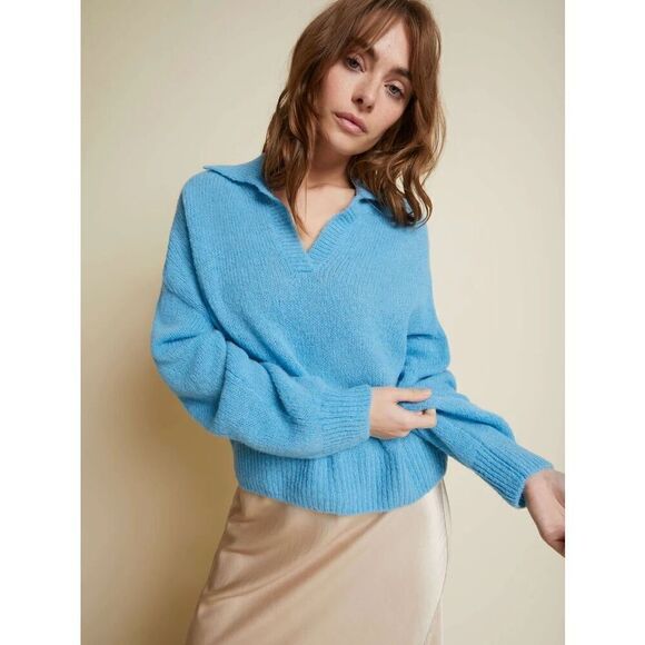 Revolve x Nation LTD Georgie Polo Sweater Cropped Alpaca Wool Size L Blue - Picture 4 of 10